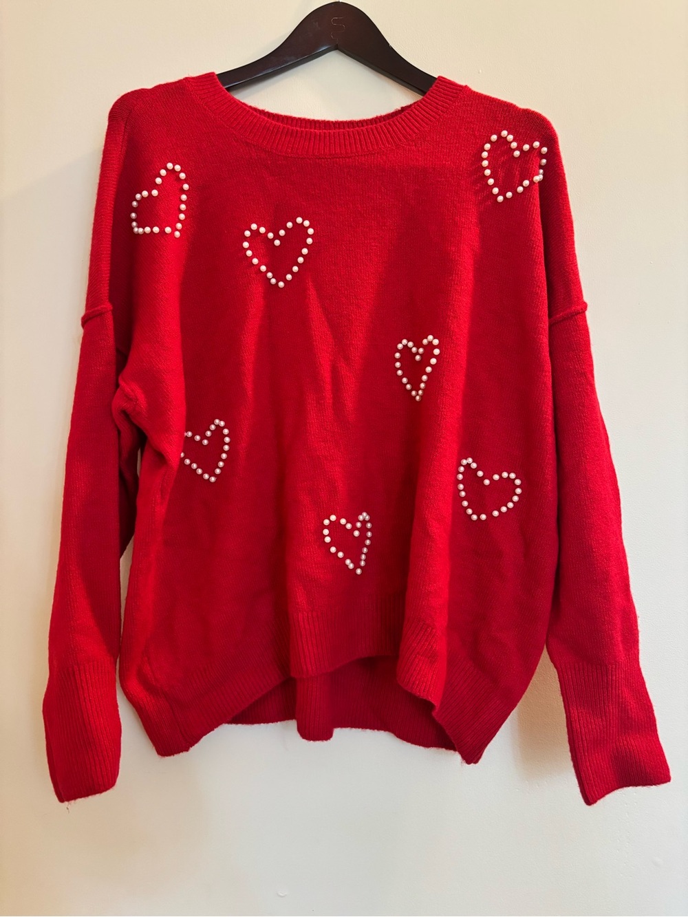 Vince Camuto Red Crewneck Sweater with Pearl Heart Appliqués